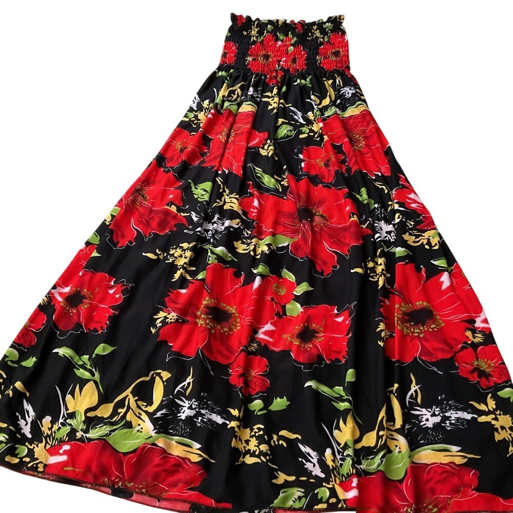 Bo Da Fa Floral Strapless Smocked Maxi Dress Red Black Size Medium